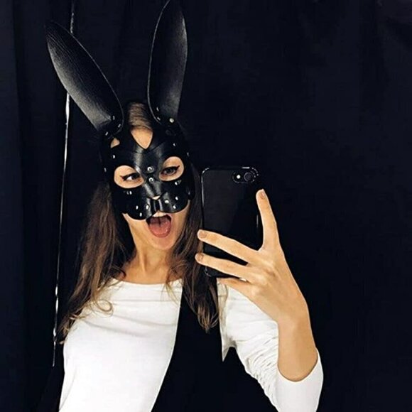 𝅺BLACK Leather Fetish Masquerade Face Mask Slave Bondage BDSM Costume Cosplay - Picture 3 of 5